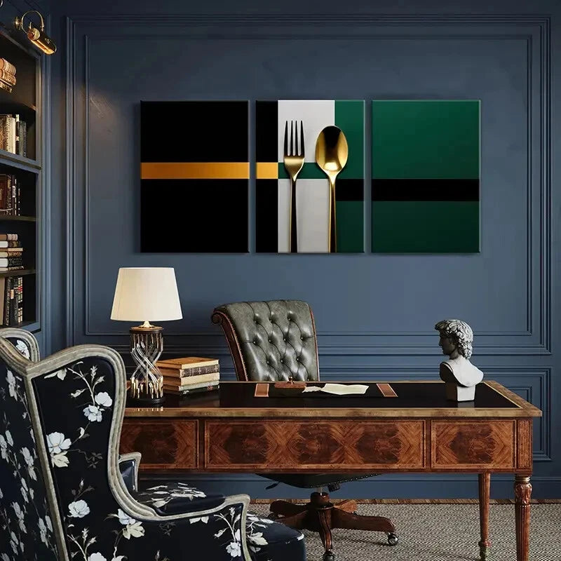 3pcs Golden Cutlery Abstract Design Modern Art Metal Print Ready to Hang Art
