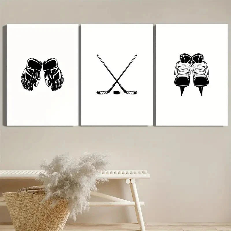3pcs Black & White Hockey Stick Skates & Boxing Metal Print Ready to Hang Art