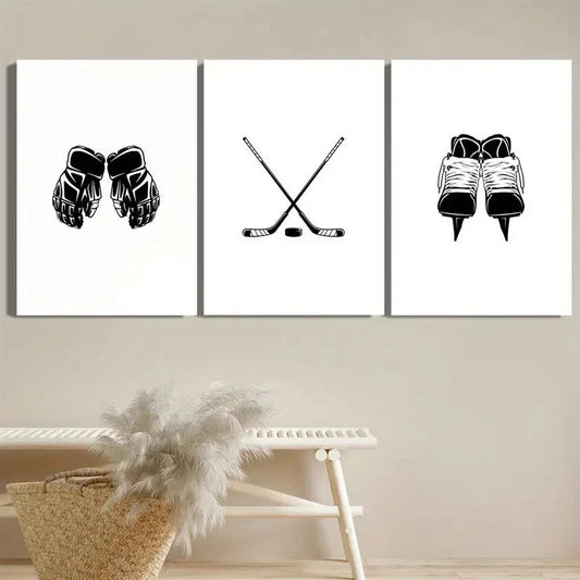3pcs Black & White Hockey Stick Skates & Boxing Metal Print Ready to Hang Art
