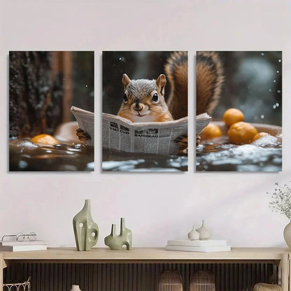 3pcs Animal Whimsical Squirrel Reading Newspaper Metal Print Ready to Hang Art
