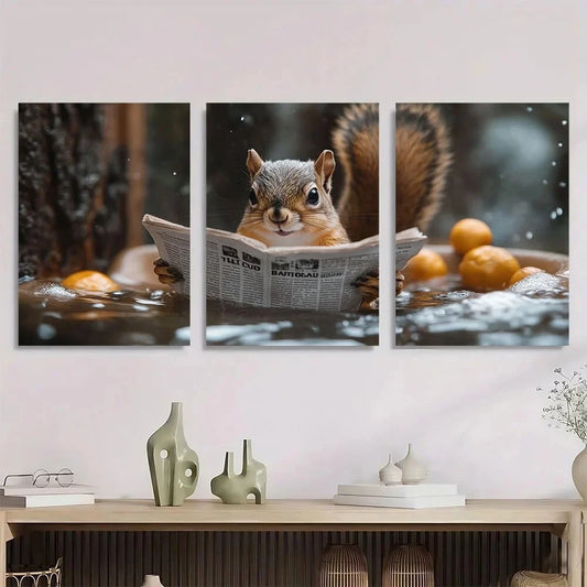 3pcs Animal Whimsical Squirrel Reading Newspaper Metal Print Ready to Hang Art