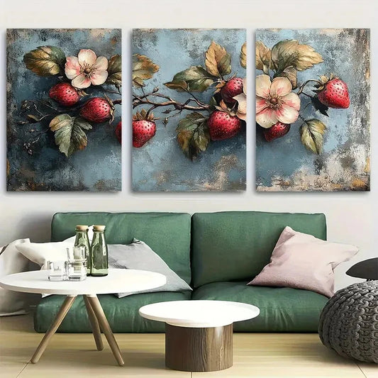 3pcs Rustic Strawberry Blossom Design Metal Print Ready to Hang Art