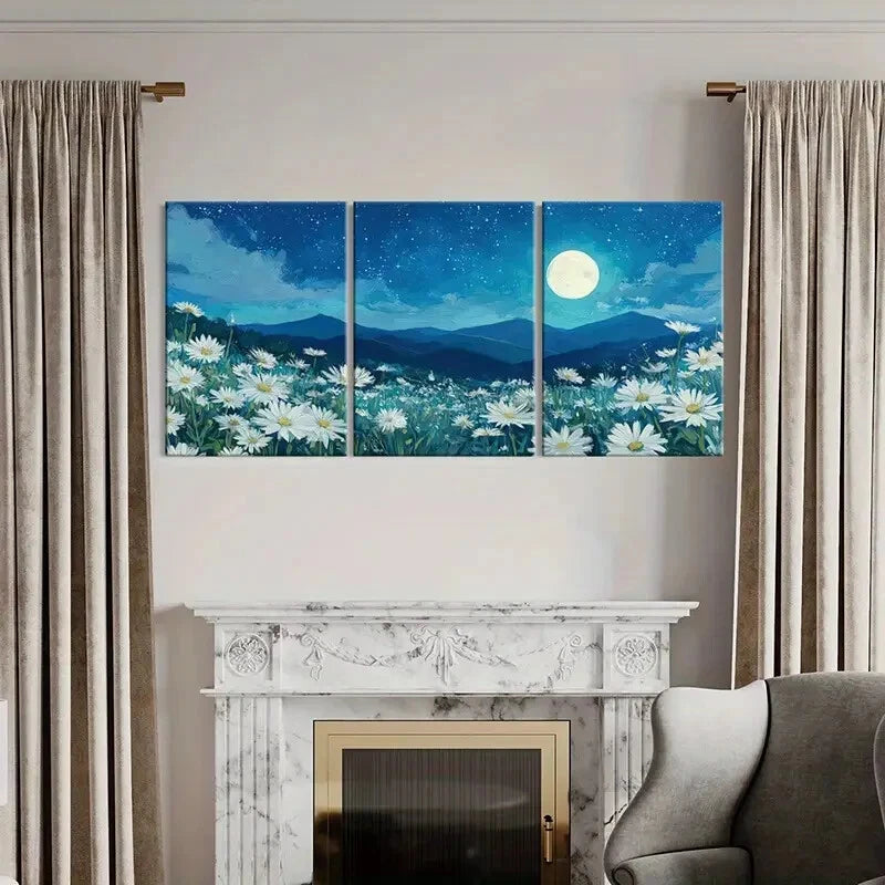 3pcs White Daisies, Starry Sky Mountain Silhouette Metal Print Ready to Hang Art