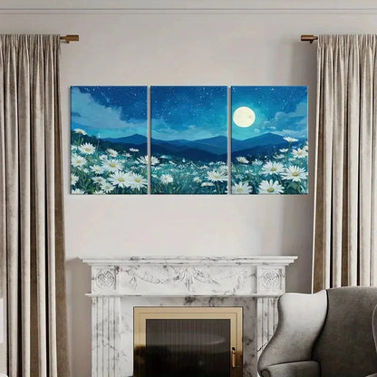 3pcs White Daisies, Starry Sky Mountain Silhouette Metal Print Ready to Hang Art