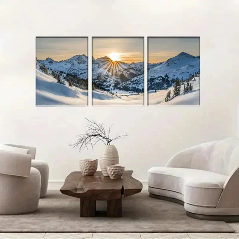 3pcs Snowy Mountain Sunrise Wall Art Metal Print Ready to Hang Art