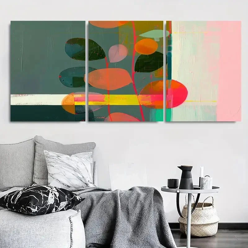 3pcs Vibrant Colorful Shapes & Leaves Metal Print Ready to Hang Art