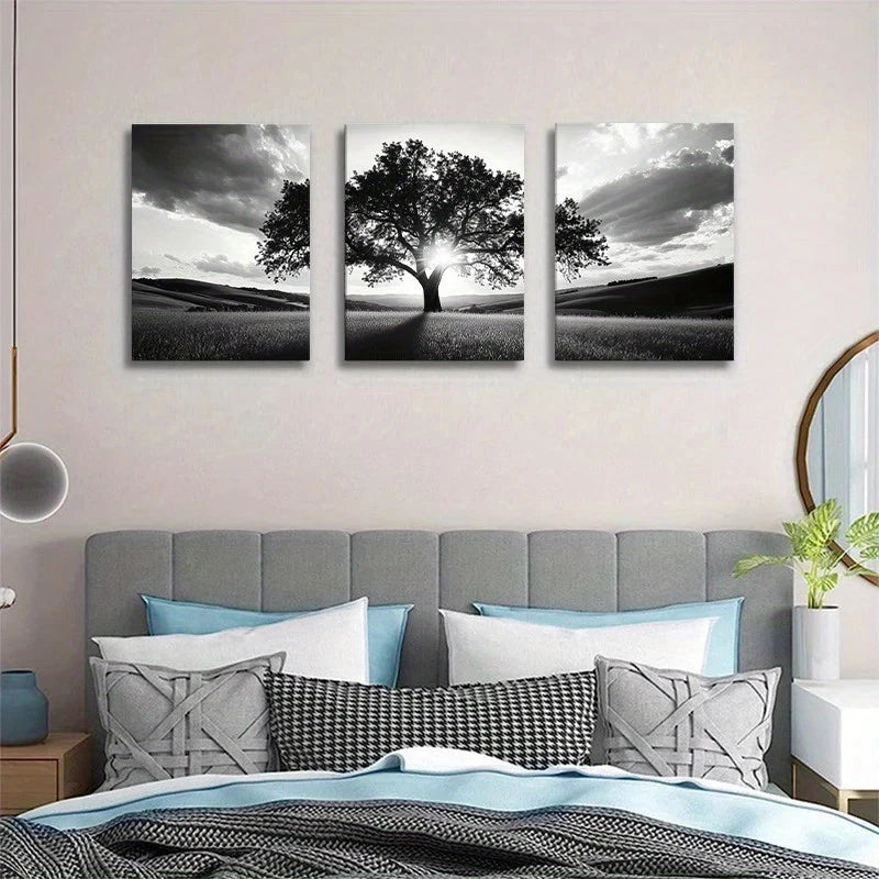 3pcs Black and White Tree Serene Sunset Metal Print Ready to Hang Art