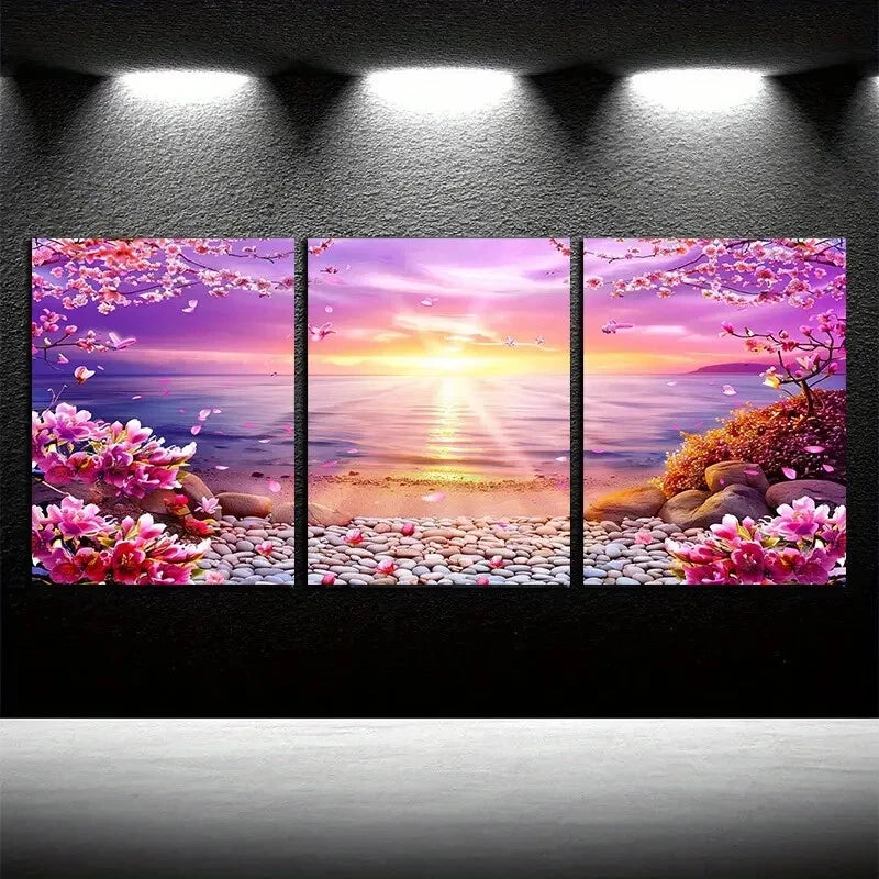 3pcs Serene Cherry Blossom Lake with Sunrise Scene Metal Print Ready to Hang Art