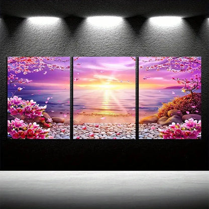 3pcs Serene Cherry Blossom Lake with Sunrise Scene Metal Print Ready to Hang Art