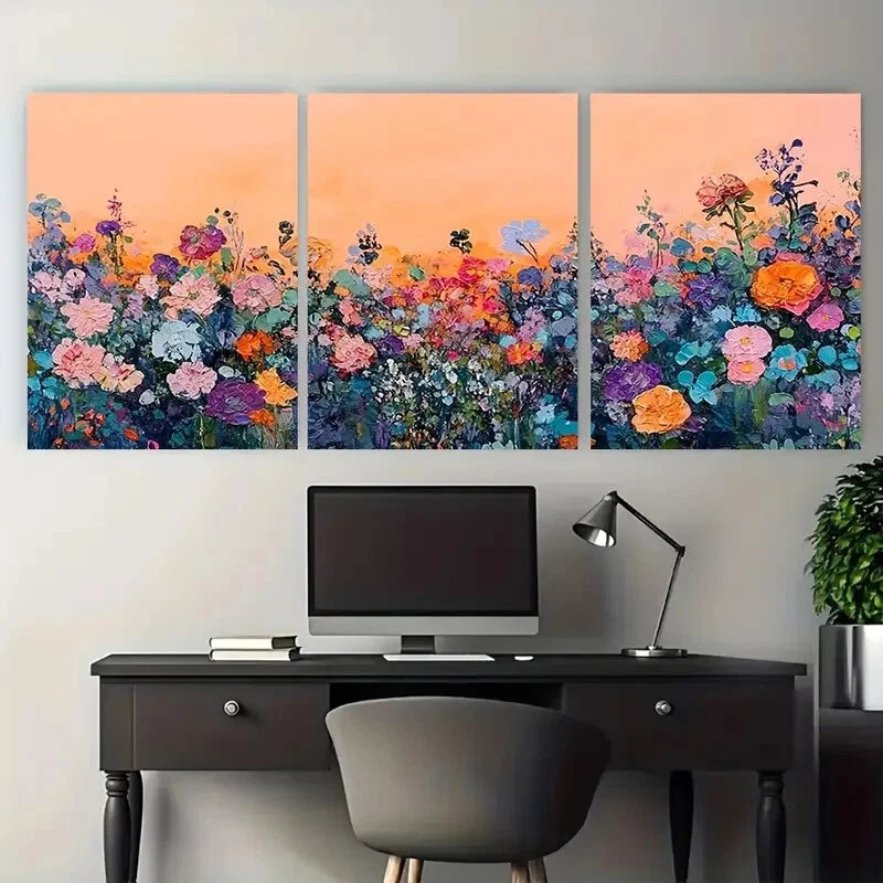 3pcs Vibrant Floral Meadow Wildflower Landscape Metal Print Ready to Hang Art