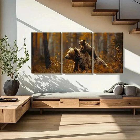3pcs Bear And Cub Forest Autumn Nature Wall Art Set Canvas Framed 40x60cm - High Quality Print 100% Australian Made Wall Canvas Ready to Hang