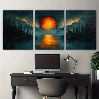 3pcs Cold Toned Blues Grunge Orange Sunset View Wall Art Set Canvas Framed 60x90cm - High Quality Print 100% Australian Made Wall Canvas Ready to Hang