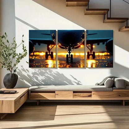3pcs Airplane Sunset Runway Lights Wall Art Set Canvas Framed 40x60cm - High Quality Print 100% Australian Made Wall Canvas Ready to Hang