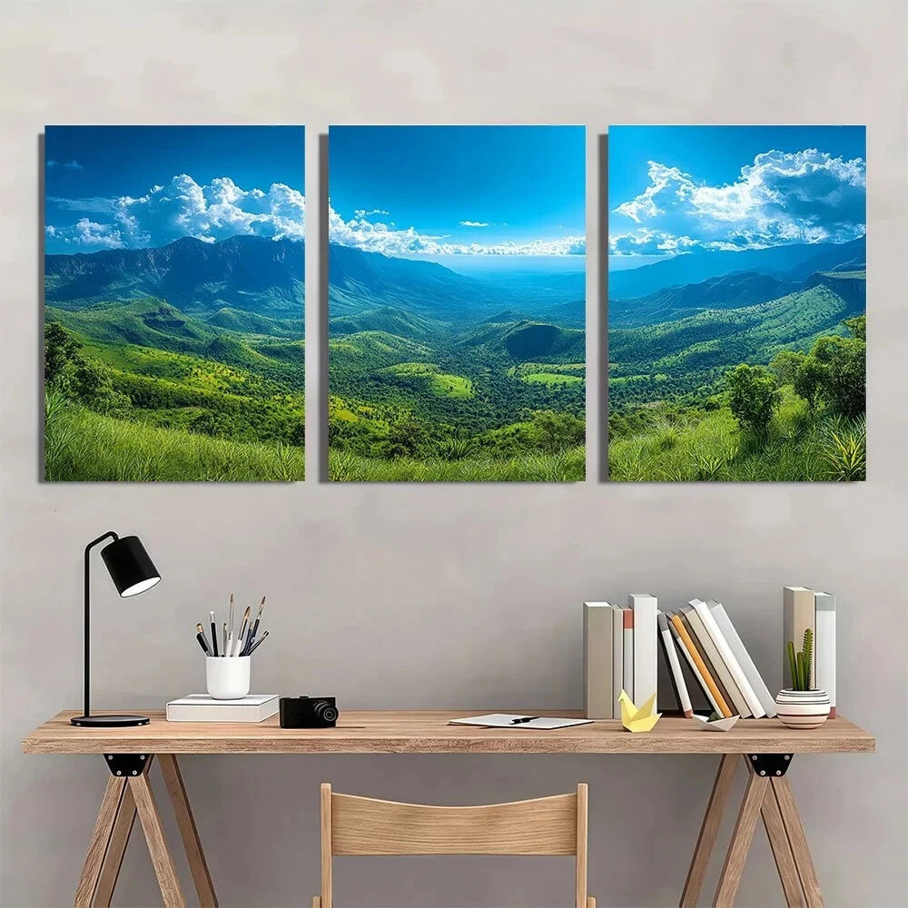 3pcs Mountain Scenery with Blue Sky & Clouds Metal Print Ready to Hang Art