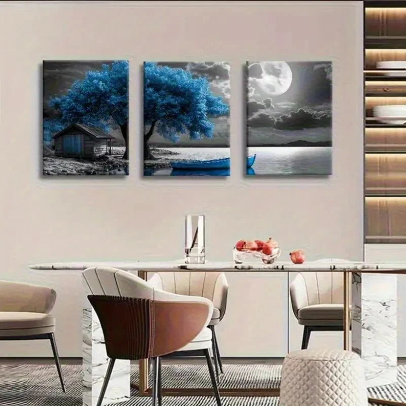 3pcs Blue Tree and Moon Lake Landscape Painting Metal Print Ready to Hang Art