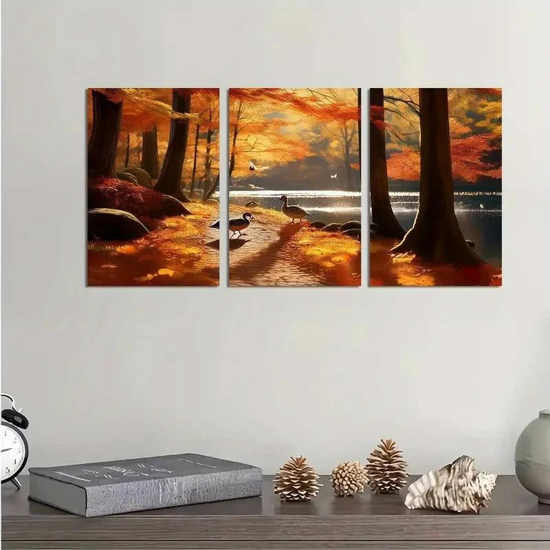 3pcs Autumn Forest Ducks River Nature Metal Print Ready to Hang Art