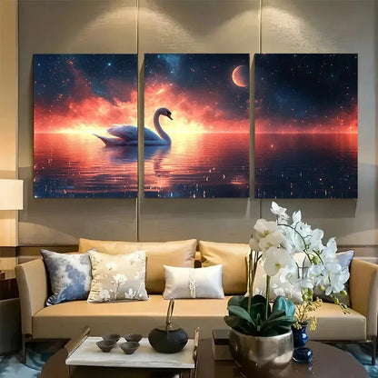 3pcs Swan on the Lake Magical Starry Night Metal Print Ready to Hang Art