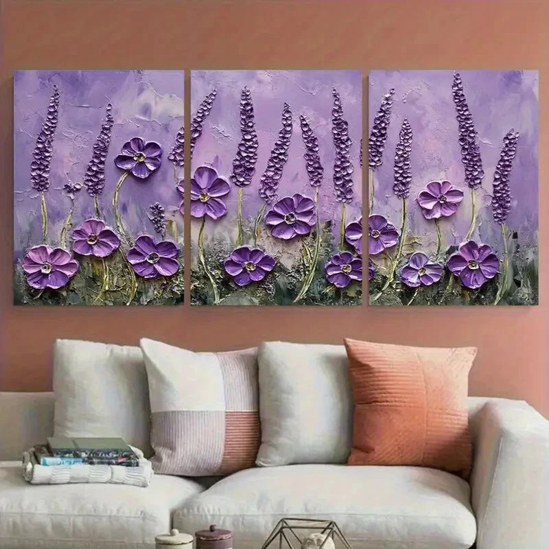3pcs Purple Flower Floral Textured Lavender Bloom Metal Print Ready to Hang Art