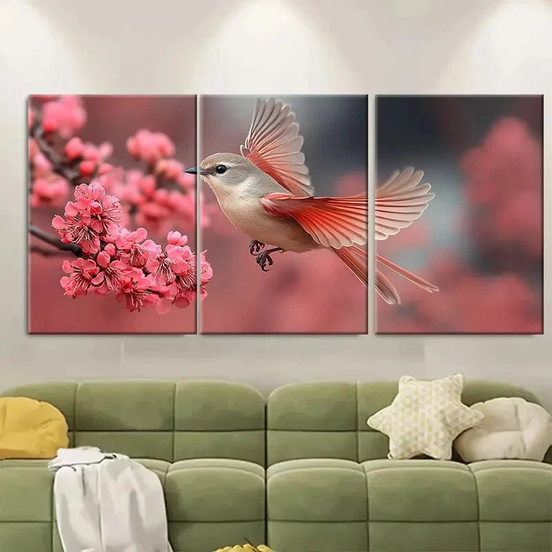 3pcs Bird Flying to Pink Branches TI Wall Art Set Canvas Framed 50x70cm - High Quality Print 100% Australian Made Wall Canvas Ready to Hang