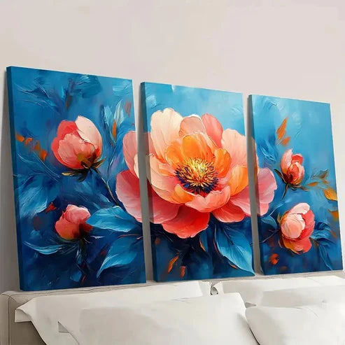 3pcs Pink Peonies Blue Greenery BG Wall Art Set Canvas Unframed - High Quality Print 100% Australian Made Wall Canvas