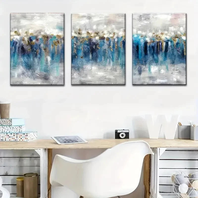 3pcs Featuring Modern Gray Blue Abstract Metal Print Ready to Hang Art