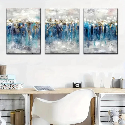 3pcs Featuring Modern Gray Blue Abstract Metal Print Ready to Hang Art