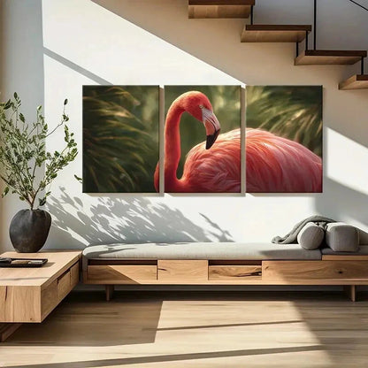 3pcs Artistic Flamingo Feather Tropical PalmDetail Metal Print Ready to Hang Art
