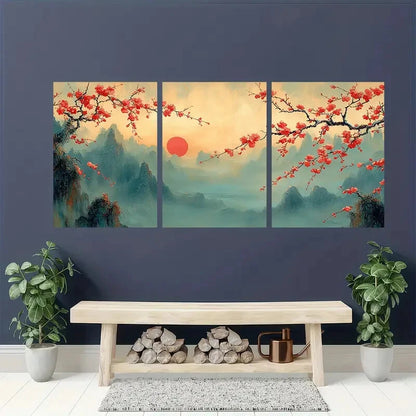 3pcs Traditional Vibrant Chinese Plum Blossom Metal Print Ready to Hang Art