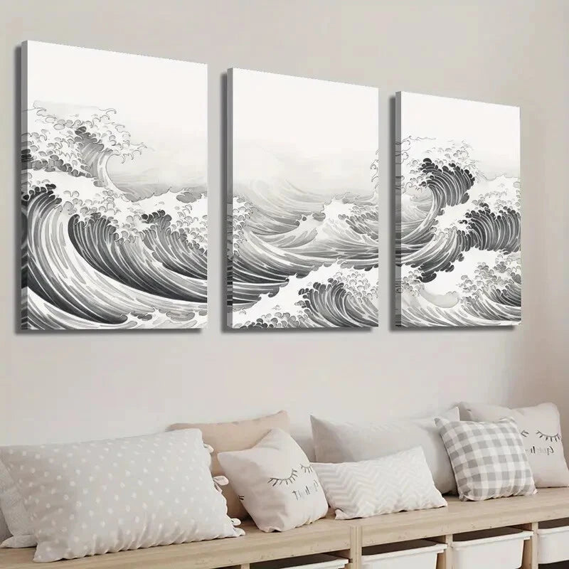3pcs Black and White Japanese Ocean Wave Wall Art Set Canvas Framed 40x60cm - High Quality Print 100% Australian Made Wall Canvas Ready to Hang