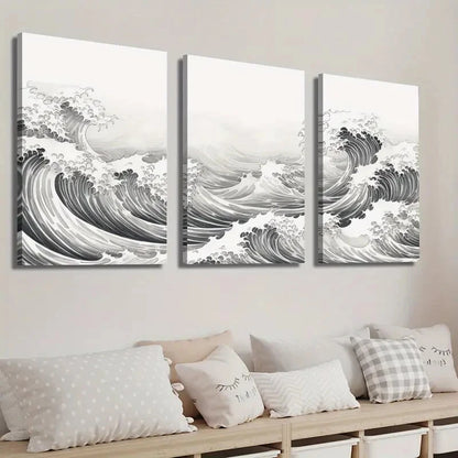 3pcs Black and White Japanese Ocean Wave Wall Art Set Canvas Framed 40x60cm - High Quality Print 100% Australian Made Wall Canvas Ready to Hang