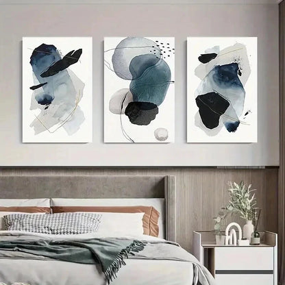 3pcs Blue & Black Shapes with Golden Accents Wall Art Set Canvas Framed 40x60cm - High Quality Print 100% Australian Made Wall Canvas Ready to Hang