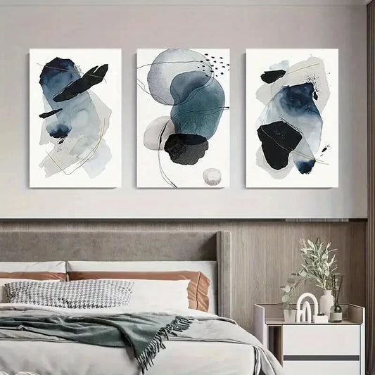 3pcs Blue & Black Shapes with Golden Accents Wall Art Set Canvas Framed 40x60cm - High Quality Print 100% Australian Made Wall Canvas Ready to Hang