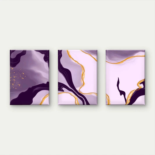 3pcs Purple and Gold Abstract Fluid Paint Wall Art Set Canvas Framed 50x70cm - High Quality Print 100% Australian Made Wall Canvas Ready to Hang