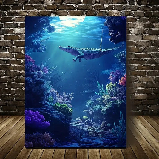 Cartoon Style Crocodile Swinging From Tree Painting 40x60cm Metal Print Ready to Hang