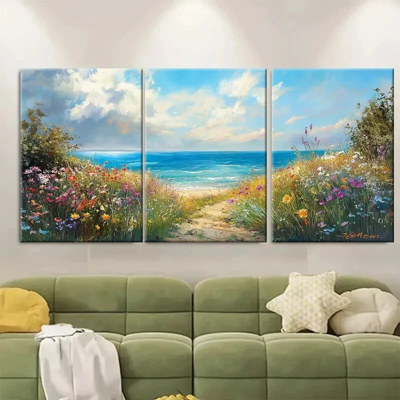3pcs Coastal Wildflower Field Beach Landscape Metal Print Ready to Hang Art