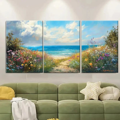 3pcs Coastal Wildflower Field Beach Landscape Metal Print Ready to Hang Art