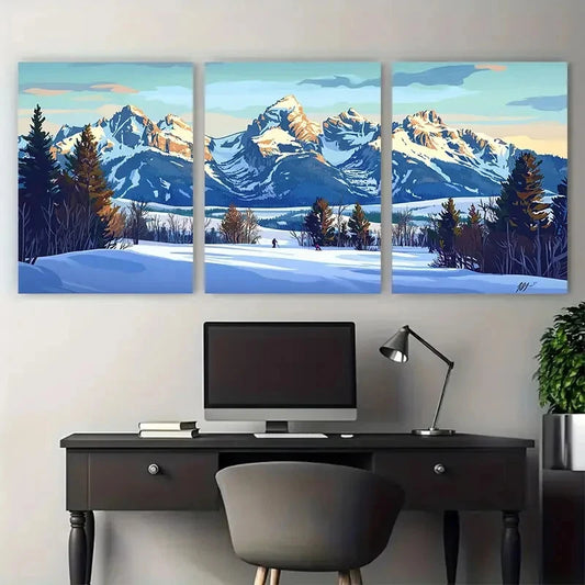 3pcs Jackson Hole Travel Mountain Resort Wall Art Set Canvas Framed 50x70cm - High Quality Print 100% Australian Made Wall Canvas Ready to Hang