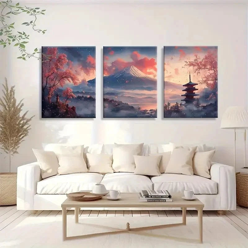 3pcs Japanese Mount Fuji Cherry Blossom Scenery Metal Print Ready to Hang Art