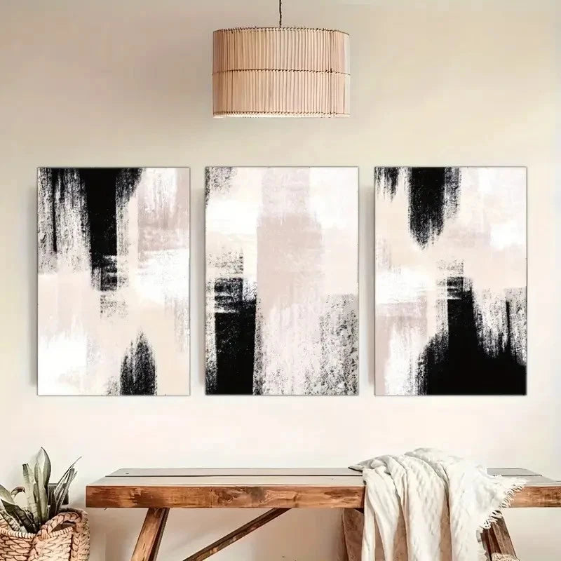 3pcs Featuring Abstract Art in Black And Beige Metal Print Ready to Hang Art