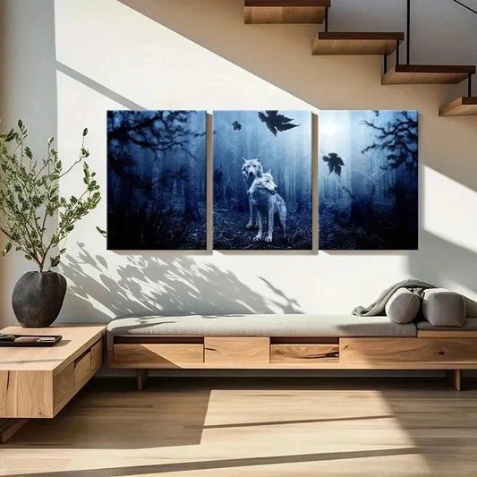 3pcs White Wolves In Forest Modern Wall Art Set Canvas Framed 40x60cm - High Quality Print 100% Australian Made Wall Canvas Ready to Hang