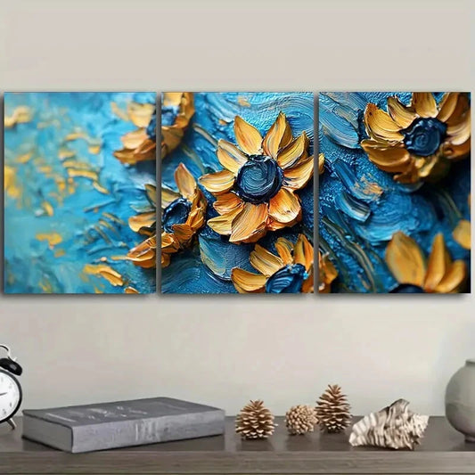 3pcs Sunflower Triptych, Floral Metal Print Ready to Hang Art