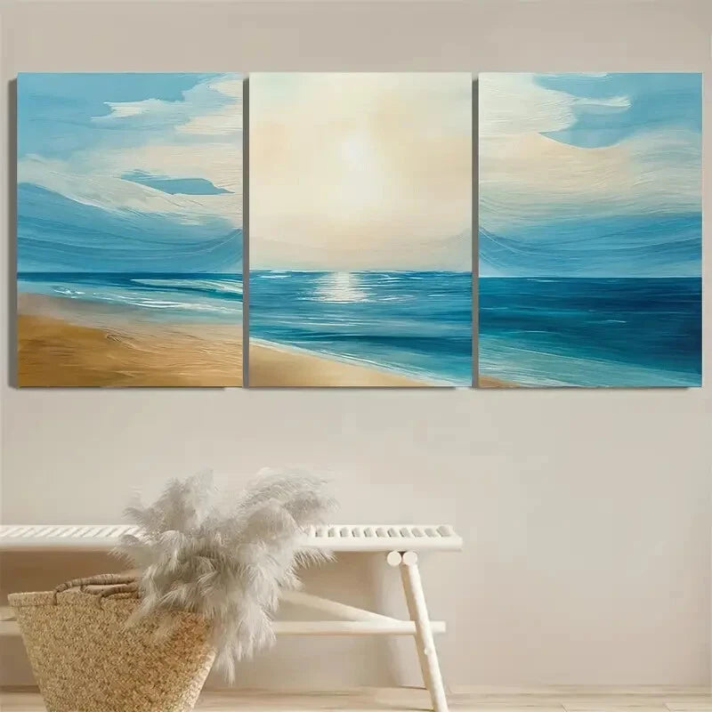 3pcs Modern Neutral Seascape Calming Ocean Waves Metal Print Ready to Hang Art