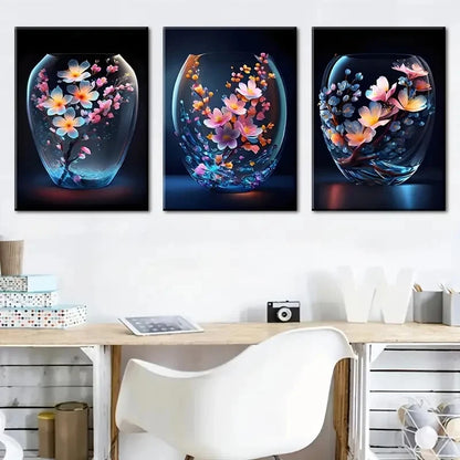 3pcs Modern Floral Flower Blue & Orange Perfect Wall Art Set Canvas Framed 40x60cm - High Quality Print 100% Australian Made Wall Canvas Ready to Hang