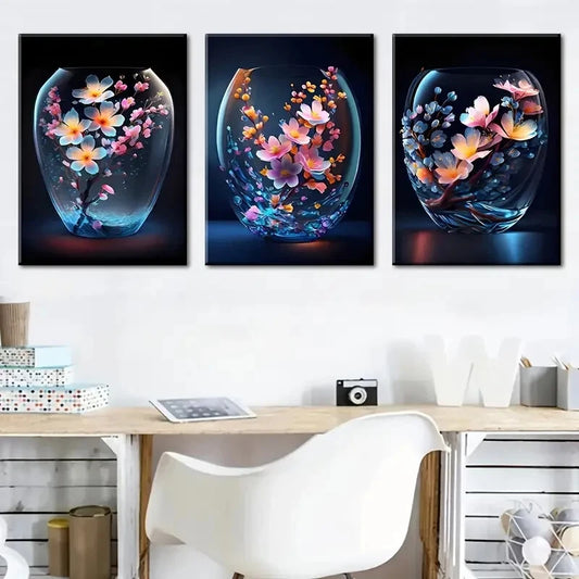 3pcs Modern Floral Flower Blue & Orange Perfect Wall Art Set Canvas Framed 40x60cm - High Quality Print 100% Australian Made Wall Canvas Ready to Hang