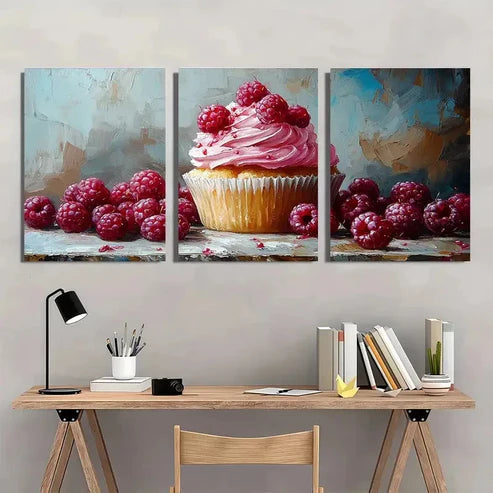3pcs Berries Cupcake Dessert Neutral Wall Art Canvas Unframed - High Quality Print 100% Australian Made Wall Canvas