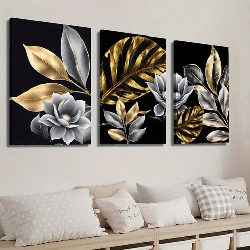 3pcs Golden Plant Leaves Floral Wall Art Set Canvas Unframed - High Quality Print 100% Australian Made Wall Canvas