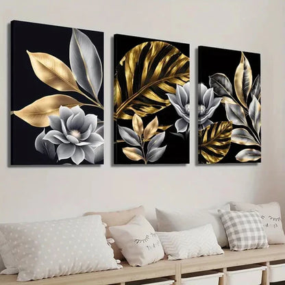 3pcs Golden Plant Leaves Floral Wall Art Set Canvas Unframed - High Quality Print 100% Australian Made Wall Canvas