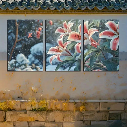 3pcs Charming Lily Flowers in Snow Design Metal Print Ready to Hang Art