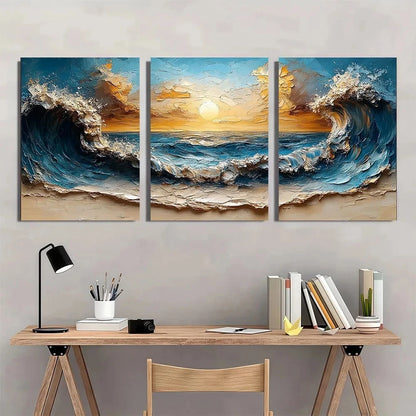 3pcs Beach Wave Oil Painting Abstract Wall Art Set Canvas Framed 60x90cm - High Quality Print 100% Australian Made Wall Canvas Ready to Hang