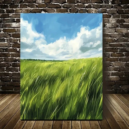 Rustic Green Thatched Grassland Painting 40x60cm Metal Print Ready to Hang